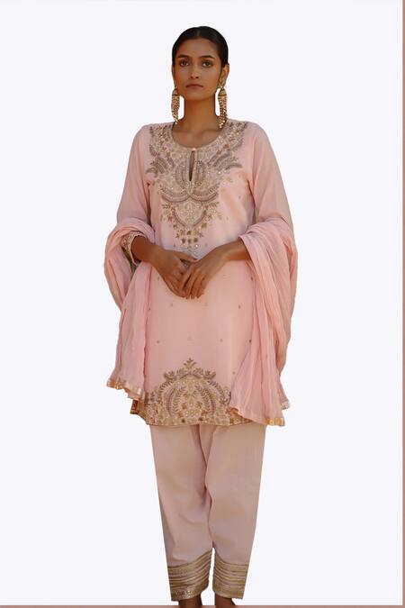 Buy_Nazar By Indu_Pink Cotton Sequins, Diamonds, Zari, Gota Patti, Embroidery Straight Kurta Set 
