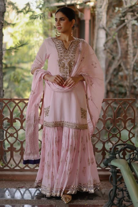 Nazar by Indu Pink Cotton Hand Embroidered Zari Notched Round Kurta Gharara Set 