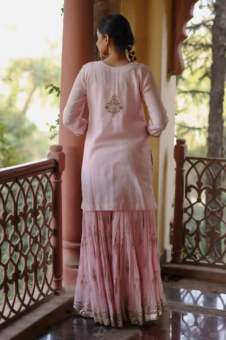 Shop Nazar By Indu Pink Cotton Sequins, Diamonds, Zari Round Neck Embroidered Kurta Gharara Set at Aza Fashions Shop_Nazar By Indu_Pink Cotton Sequins, Diamonds, Zari Round Neck Embroidered Kurta Gharara Set _at_Aza_Fashions