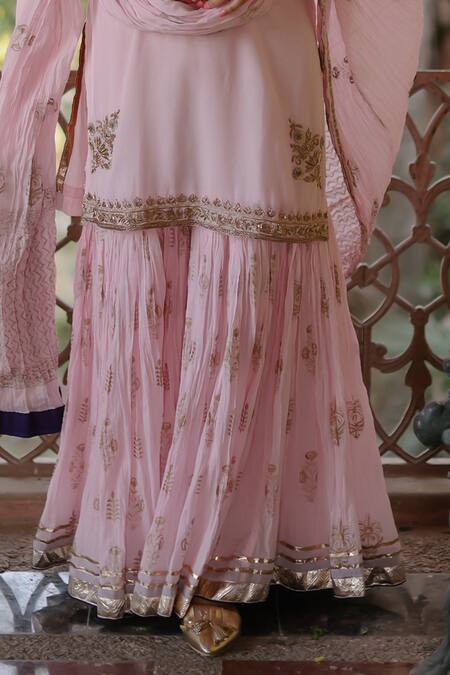 Nazar By Indu Pink Cotton Sequins, Diamonds, Zari Round Neck Embroidered Kurta Gharara Set Online at Aza Fashions Nazar By Indu_Pink Cotton Sequins, Diamonds, Zari Round Neck Embroidered Kurta Gharara Set _Online_at_Aza_Fashions