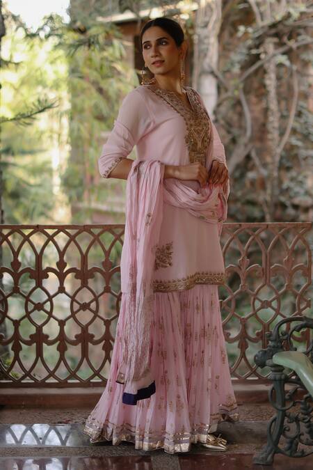 Shop Nazar By Indu Pink Cotton Sequins, Diamonds, Zari Round Neck Embroidered Kurta Gharara Set Online at Aza Fashions Shop_Nazar By Indu_Pink Cotton Sequins, Diamonds, Zari Round Neck Embroidered Kurta Gharara Set _Online_at_Aza_Fashions