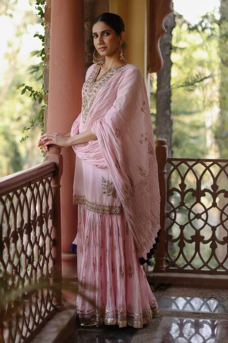 Nazar By Indu Pink Cotton Sequins, Diamonds, Zari Round Neck Embroidered Kurta Gharara Set at Aza Fashions Nazar By Indu_Pink Cotton Sequins, Diamonds, Zari Round Neck Embroidered Kurta Gharara Set _at_Aza_Fashions