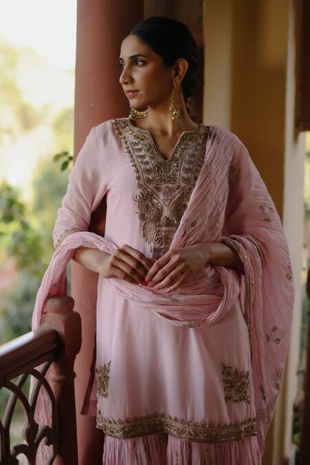 Buy Nazar By Indu Pink Cotton Sequins, Diamonds, Zari Round Neck Embroidered Kurta Gharara Set Buy_Nazar By Indu_Pink Cotton Sequins, Diamonds, Zari Round Neck Embroidered Kurta Gharara Set