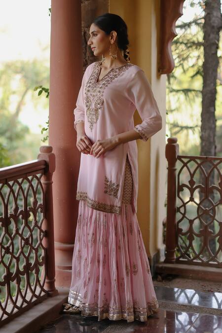 Shop Nazar By Indu Pink Cotton Sequins, Diamonds, Zari Round Neck Embroidered Kurta Gharara Set Shop_Nazar By Indu_Pink Cotton Sequins, Diamonds, Zari Round Neck Embroidered Kurta Gharara Set