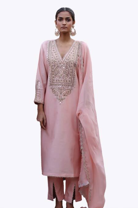 Buy Nazar By Indu Pink Chanderi Embroidery, Gota Patti Round Neck Straight Kurta Set Online at Aza Fashions Buy_Nazar By Indu_Pink Chanderi Embroidery, Gota Patti Round Neck Straight Kurta Set _Online_at_Aza_Fashions