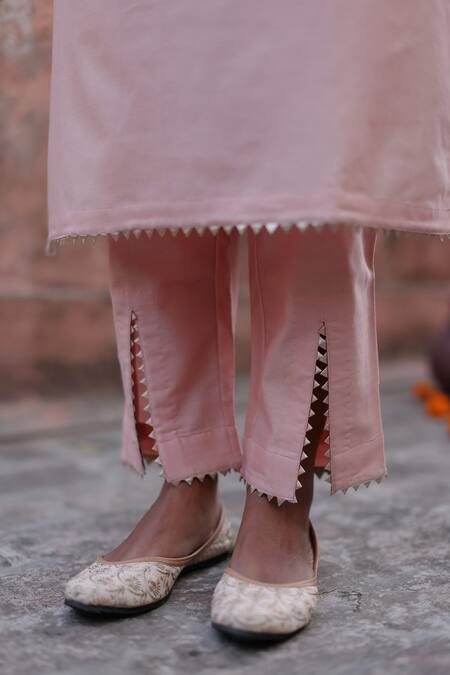 Buy Nazar By Indu Pink Chanderi Embroidery, Gota Patti Round Neck Straight Kurta Set Buy_Nazar By Indu_Pink Chanderi Embroidery, Gota Patti Round Neck Straight Kurta Set