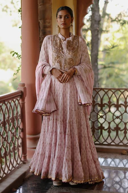 Nazar by Indu Pink Cotton Hand Embroidered Gotta Collar Block Print Anarkali Set 