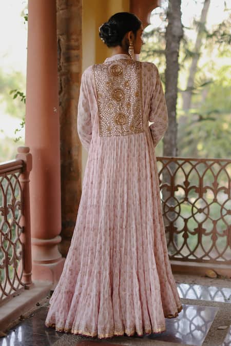 Shop_Nazar By Indu_Pink Cotton Sequins, Diamonds, Gota Patti Bandeau Neck Block Print Anarkali Set _at_Aza_Fashions