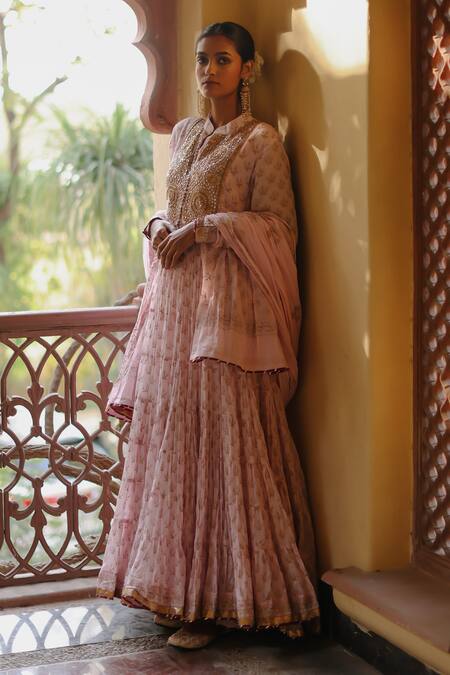 Nazar By Indu_Pink Cotton Sequins, Diamonds, Gota Patti Bandeau Neck Block Print Anarkali Set _Online_at_Aza_Fashions