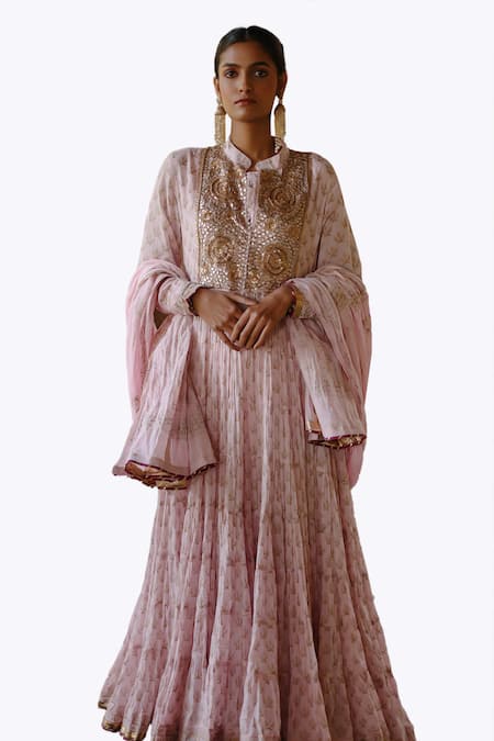 Buy_Nazar By Indu_Pink Cotton Sequins, Diamonds, Gota Patti Bandeau Neck Block Print Anarkali Set _Online_at_Aza_Fashions