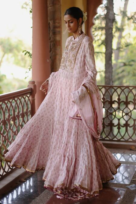 Shop_Nazar By Indu_Pink Cotton Sequins, Diamonds, Gota Patti Bandeau Neck Block Print Anarkali Set _Online_at_Aza_Fashions