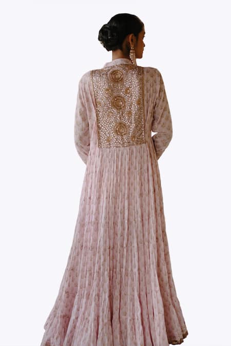 Nazar By Indu_Pink Cotton Sequins, Diamonds, Gota Patti Bandeau Neck Block Print Anarkali Set _at_Aza_Fashions