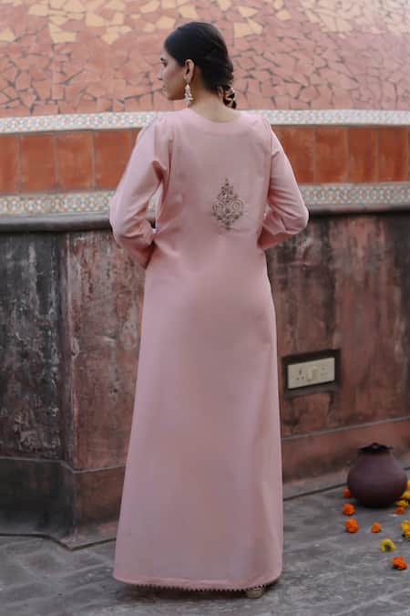 Shop Nazar By Indu Pink Chanderi Mirrors, Sequins Round Neck Embroidered Abaya Kurta With Pant at Aza Fashions Shop_Nazar By Indu_Pink Chanderi Mirrors, Sequins Round Neck Embroidered Abaya Kurta With Pant _at_Aza_Fashions