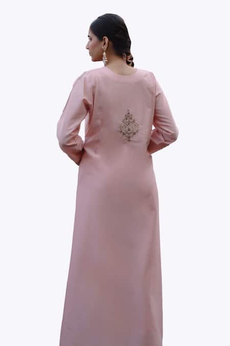 Nazar By Indu Pink Chanderi Mirrors, Sequins Round Neck Embroidered Abaya Kurta With Pant Online at Aza Fashions Nazar By Indu_Pink Chanderi Mirrors, Sequins Round Neck Embroidered Abaya Kurta With Pant _Online_at_Aza_Fashions