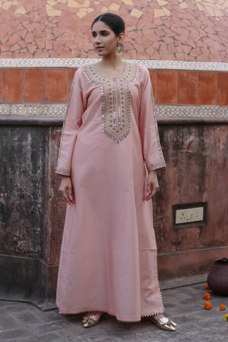 Buy Nazar By Indu Pink Chanderi Mirrors, Sequins Round Neck Embroidered Abaya Kurta With Pant Online at Aza Fashions Buy_Nazar By Indu_Pink Chanderi Mirrors, Sequins Round Neck Embroidered Abaya Kurta With Pant _Online_at_Aza_Fashions