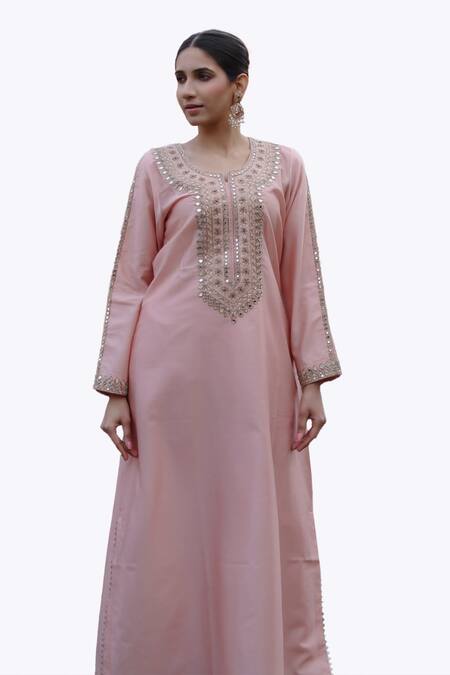Shop Nazar By Indu Pink Chanderi Mirrors, Sequins Round Neck Embroidered Abaya Kurta With Pant Online at Aza Fashions Shop_Nazar By Indu_Pink Chanderi Mirrors, Sequins Round Neck Embroidered Abaya Kurta With Pant _Online_at_Aza_Fashions
