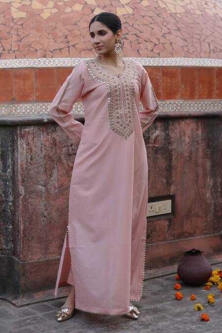 Nazar By Indu Pink Chanderi Mirrors, Sequins Round Neck Embroidered Abaya Kurta With Pant at Aza Fashions Nazar By Indu_Pink Chanderi Mirrors, Sequins Round Neck Embroidered Abaya Kurta With Pant _at_Aza_Fashions