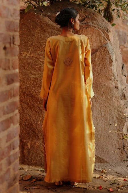 Shop Nazar By Indu Yellow Chanderi Sequins, Zari Round Neck Embroidered Abaya Kurta And Pant Set at Aza Fashions Shop_Nazar By Indu_Yellow Chanderi Sequins, Zari Round Neck Embroidered Abaya Kurta And Pant Set _at_Aza_Fashions