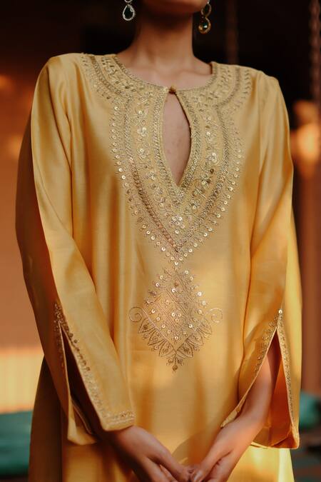 Buy Nazar By Indu Yellow Chanderi Sequins, Zari Round Neck Embroidered Abaya Kurta And Pant Set Online at Aza Fashions Buy_Nazar By Indu_Yellow Chanderi Sequins, Zari Round Neck Embroidered Abaya Kurta And Pant Set _Online_at_Aza_Fashions