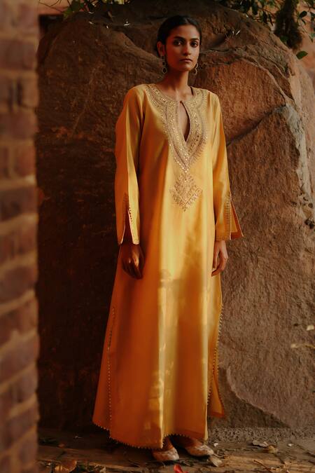 Shop Nazar By Indu Yellow Chanderi Sequins, Zari Round Neck Embroidered Abaya Kurta And Pant Set Online at Aza Fashions Shop_Nazar By Indu_Yellow Chanderi Sequins, Zari Round Neck Embroidered Abaya Kurta And Pant Set _Online_at_Aza_Fashions