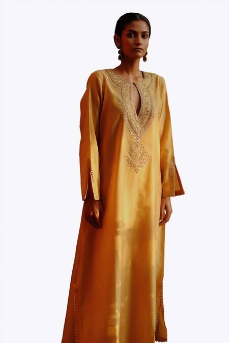 Nazar By Indu Yellow Chanderi Sequins, Zari Round Neck Embroidered Abaya Kurta And Pant Set at Aza Fashions Nazar By Indu_Yellow Chanderi Sequins, Zari Round Neck Embroidered Abaya Kurta And Pant Set _at_Aza_Fashions
