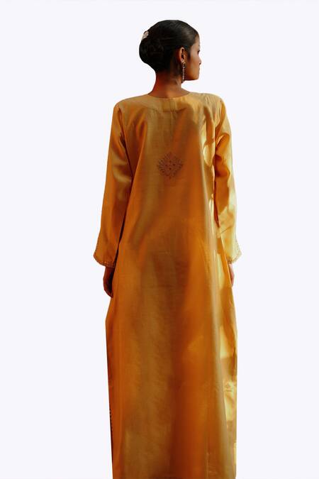 Buy Nazar By Indu Yellow Chanderi Sequins, Zari Round Neck Embroidered Abaya Kurta And Pant Set Buy_Nazar By Indu_Yellow Chanderi Sequins, Zari Round Neck Embroidered Abaya Kurta And Pant Set