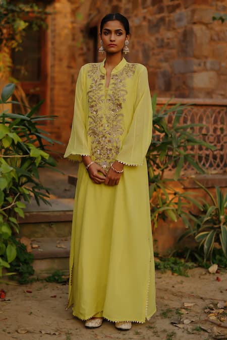 Nazar by Indu Yellow Cotton Hand Embroidered Zari Collar Kurta With Pant