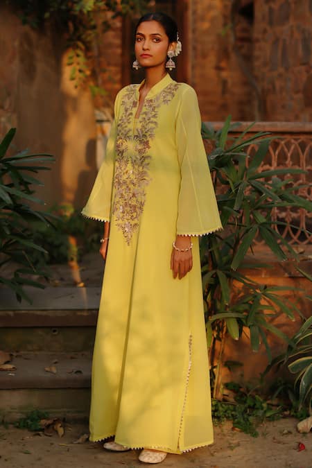 Shop Nazar By Indu Yellow Cotton Zari, Sequins Bandeau Neck Embroidered Kurta With Pant at Aza Fashions Shop_Nazar By Indu_Yellow Cotton Zari, Sequins Bandeau Neck Embroidered Kurta With Pant _at_Aza_Fashions