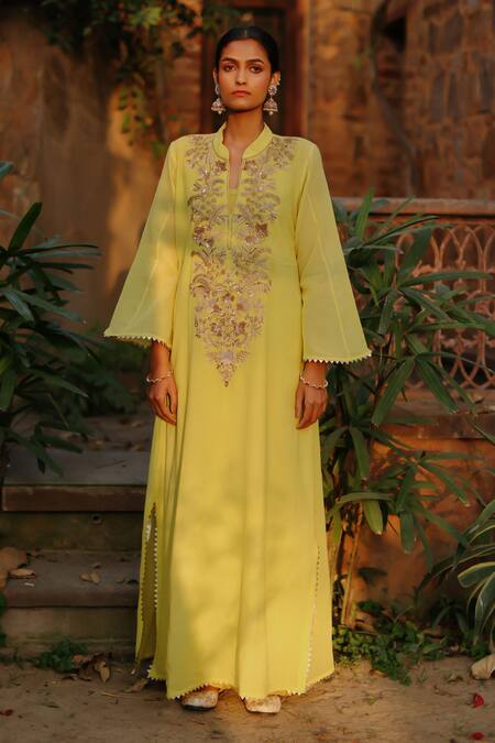 Nazar By Indu Yellow Cotton Zari, Sequins Bandeau Neck Embroidered Kurta With Pant Online at Aza Fashions Nazar By Indu_Yellow Cotton Zari, Sequins Bandeau Neck Embroidered Kurta With Pant _Online_at_Aza_Fashions