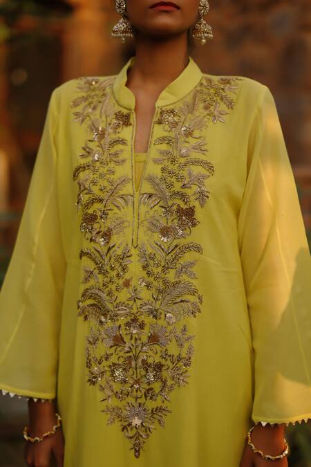 Shop Nazar By Indu Yellow Cotton Zari, Sequins Bandeau Neck Embroidered Kurta With Pant Online at Aza Fashions Shop_Nazar By Indu_Yellow Cotton Zari, Sequins Bandeau Neck Embroidered Kurta With Pant _Online_at_Aza_Fashions