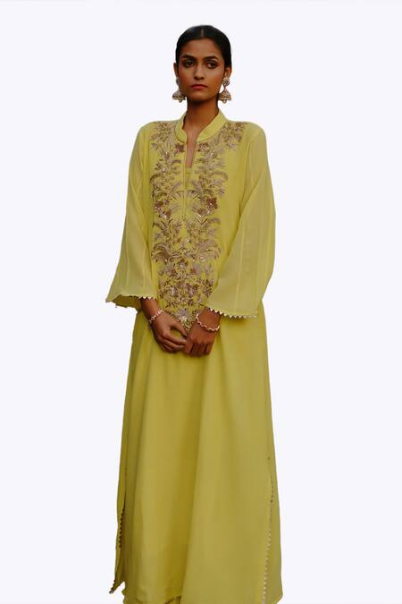 Nazar By Indu Yellow Cotton Zari, Sequins Bandeau Neck Embroidered Kurta With Pant at Aza Fashions Nazar By Indu_Yellow Cotton Zari, Sequins Bandeau Neck Embroidered Kurta With Pant _at_Aza_Fashions