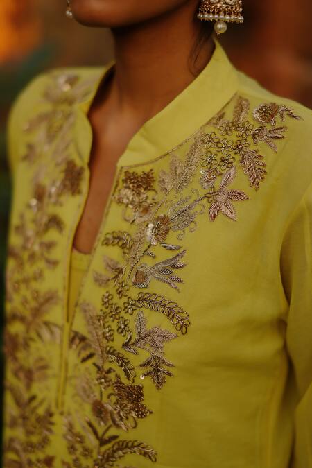 Buy Nazar By Indu Yellow Cotton Zari, Sequins Bandeau Neck Embroidered Kurta With Pant Buy_Nazar By Indu_Yellow Cotton Zari, Sequins Bandeau Neck Embroidered Kurta With Pant