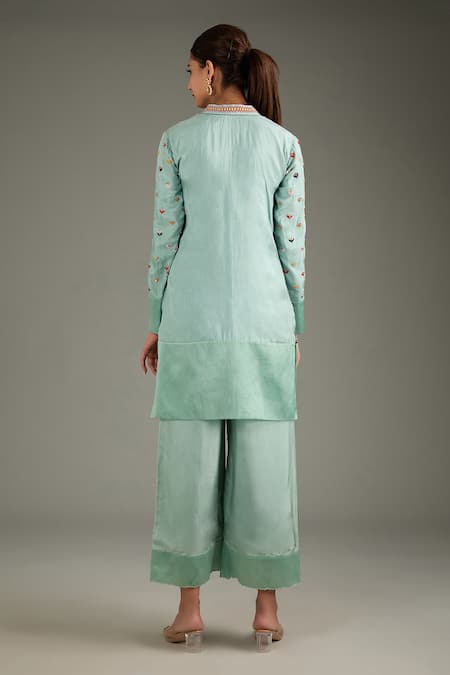 Shop_Label Deepshika Agarwal_Blue Organza, Cotton Embroidery Bandeau Neck Floral Hand Kurta Set _at_Aza_Fashions