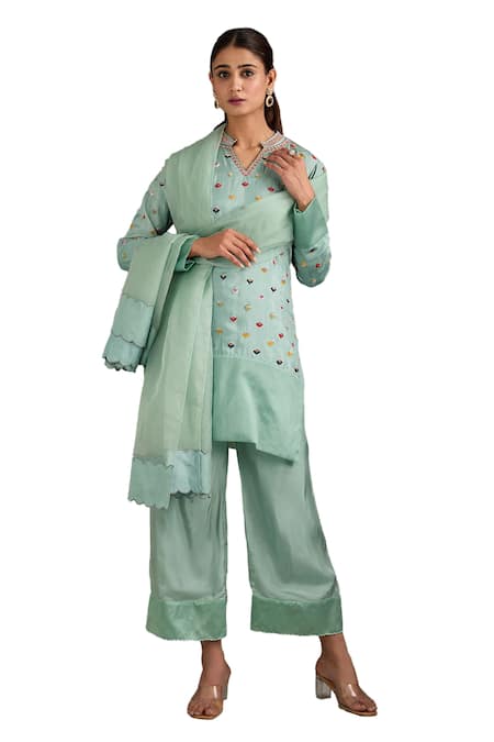 Label Deepshika Agarwal Blue Organza, Cotton Embroidery Bandeau Neck Floral Hand Kurta Set at Aza Fashions Label Deepshika Agarwal_Blue Organza, Cotton Embroidery Bandeau Neck Floral Hand Kurta Set _at_Aza_Fashions