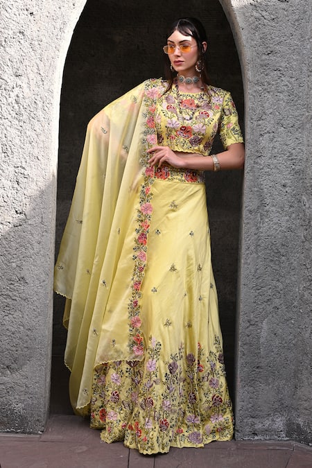 Label Deepshika Agarwal_Yellow Silk, Organza Sequins, Patchwork Round Neck Bahar Embroidered Lehenga Set _Online_at_Aza_Fashions