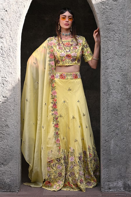 Buy_Label Deepshika Agarwal_Yellow Silk, Organza Sequins, Patchwork Round Neck Bahar Embroidered Lehenga Set _Online_at_Aza_Fashions