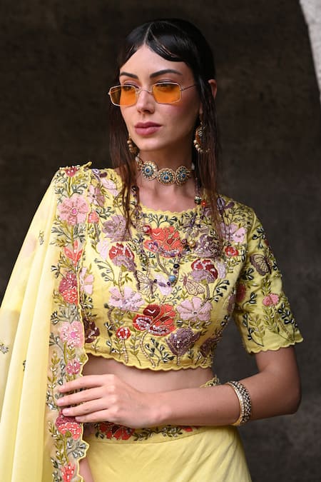 Shop_Label Deepshika Agarwal_Yellow Silk, Organza Sequins, Patchwork Round Neck Bahar Embroidered Lehenga Set _Online_at_Aza_Fashions