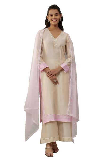 Buy The Aarya Ivory Organza, Chanderi, Handloom Cotton Pearls Embroidered Kurta Palazzo Set Buy_The Aarya_Ivory Organza, Chanderi, Handloom Cotton Pearls Embroidered Kurta Palazzo Set