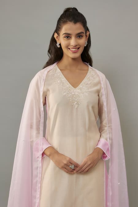 Shop The Aarya Ivory Organza, Chanderi, Handloom Cotton Pearls Embroidered Kurta Palazzo Set Shop_The Aarya_Ivory Organza, Chanderi, Handloom Cotton Pearls Embroidered Kurta Palazzo Set