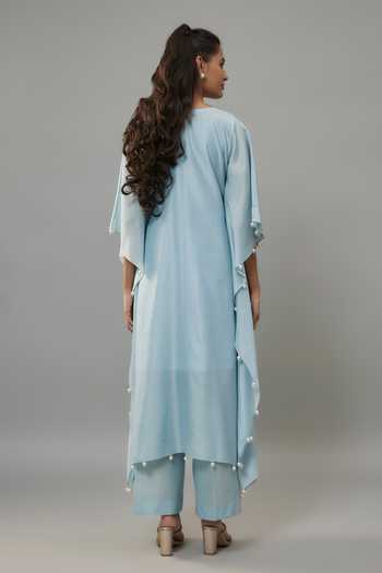 The Aarya_Blue Chanderi, Cotton Pearls Open Neck Embroidered Kaftan And Palazzo Set _Online_at_Aza_Fashions