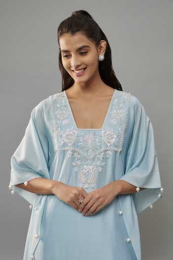 Buy_The Aarya_Blue Chanderi, Cotton Pearls Open Neck Embroidered Kaftan And Palazzo Set _Online_at_Aza_Fashions