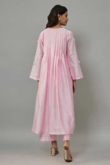 The Aarya_Pink Handloom Cotton, Chanderi Pearls Collared Embroidered Kurta And Palazzo Set _Online_at_Aza_Fashions