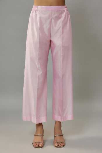 Buy_The Aarya_Pink Handloom Cotton, Chanderi Pearls Collared Embroidered Kurta And Palazzo Set _Online_at_Aza_Fashions