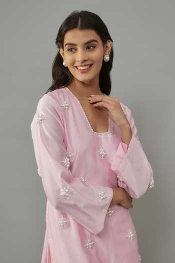 Shop_The Aarya_Pink Handloom Cotton, Chanderi Pearls Collared Embroidered Kurta And Palazzo Set _Online_at_Aza_Fashions