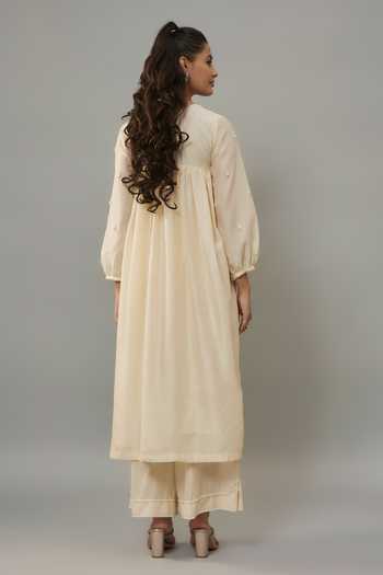 The Aarya_Ivory Organza, Handloom Cotton, Chanderi Hand Embroidered Kurta Palazzo Set _Online_at_Aza_Fashions
