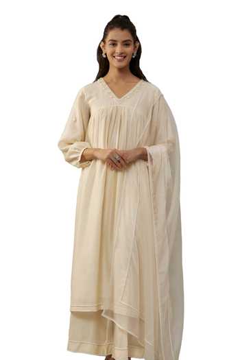 Buy_The Aarya_Ivory Organza, Handloom Cotton, Chanderi Hand Embroidered Kurta Palazzo Set _Online_at_Aza_Fashions