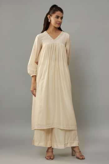 Shop_The Aarya_Ivory Organza, Handloom Cotton, Chanderi Hand Embroidered Kurta Palazzo Set _Online_at_Aza_Fashions