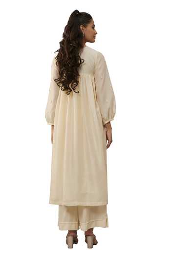 The Aarya_Ivory Organza, Handloom Cotton, Chanderi Hand Embroidered Kurta Palazzo Set _at_Aza_Fashions