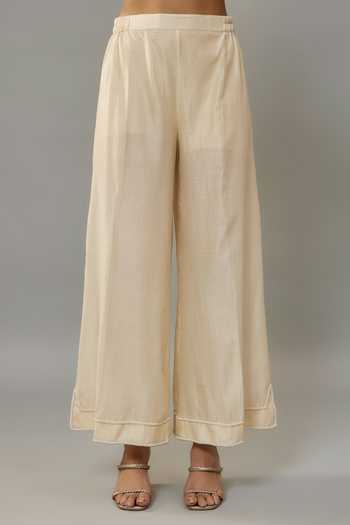 Buy_The Aarya_Ivory Organza, Handloom Cotton, Chanderi Hand Embroidered Kurta Palazzo Set 