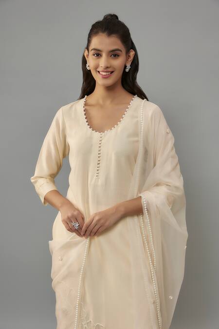 Buy_The Aarya_Ivory Organza, Handloom Cotton, Chanderi Pearls Round Embroidered Kurta Pant Set _Online_at_Aza_Fashions